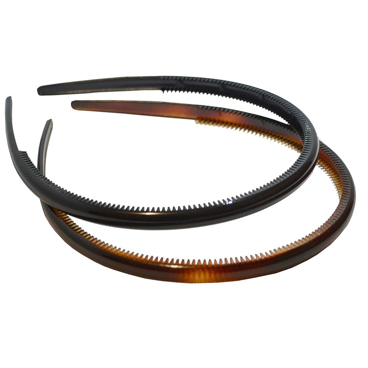 Parcelona French Thin Set of 2 Tortoise Shell Brown and Black Hair Headbands with Inner Teeth Nibs Avelisse