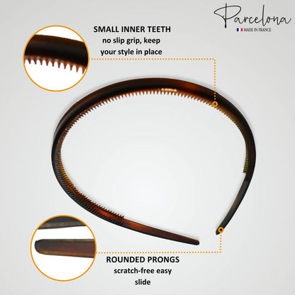 Parcelona French Thin Set of 2 Tortoise Shell Brown and Black Hair Headbands with Inner Teeth Nibs Avelisse