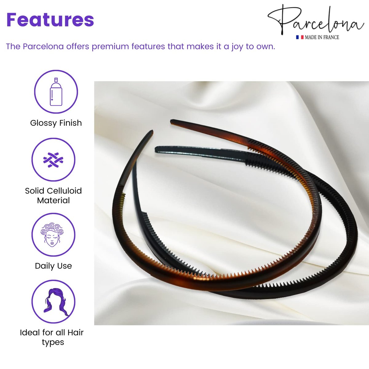 Parcelona French Thin Set of 2 Tortoise Shell Brown and Black Hair Headbands with Inner Teeth Nibs Avelisse