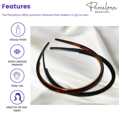 Parcelona French Thin Set of 2 Tortoise Shell Brown and Black Hair Headbands with Inner Teeth Nibs Avelisse