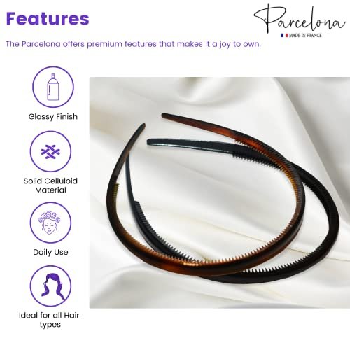 Parcelona French Thin Set of 2 Tortoise Shell Brown and Black Hair Headbands with Inner Teeth Nibs Avelisse