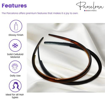 Parcelona French Thin Set of 2 Tortoise Shell Brown and Black Hair Headbands with Inner Teeth Nibs Avelisse