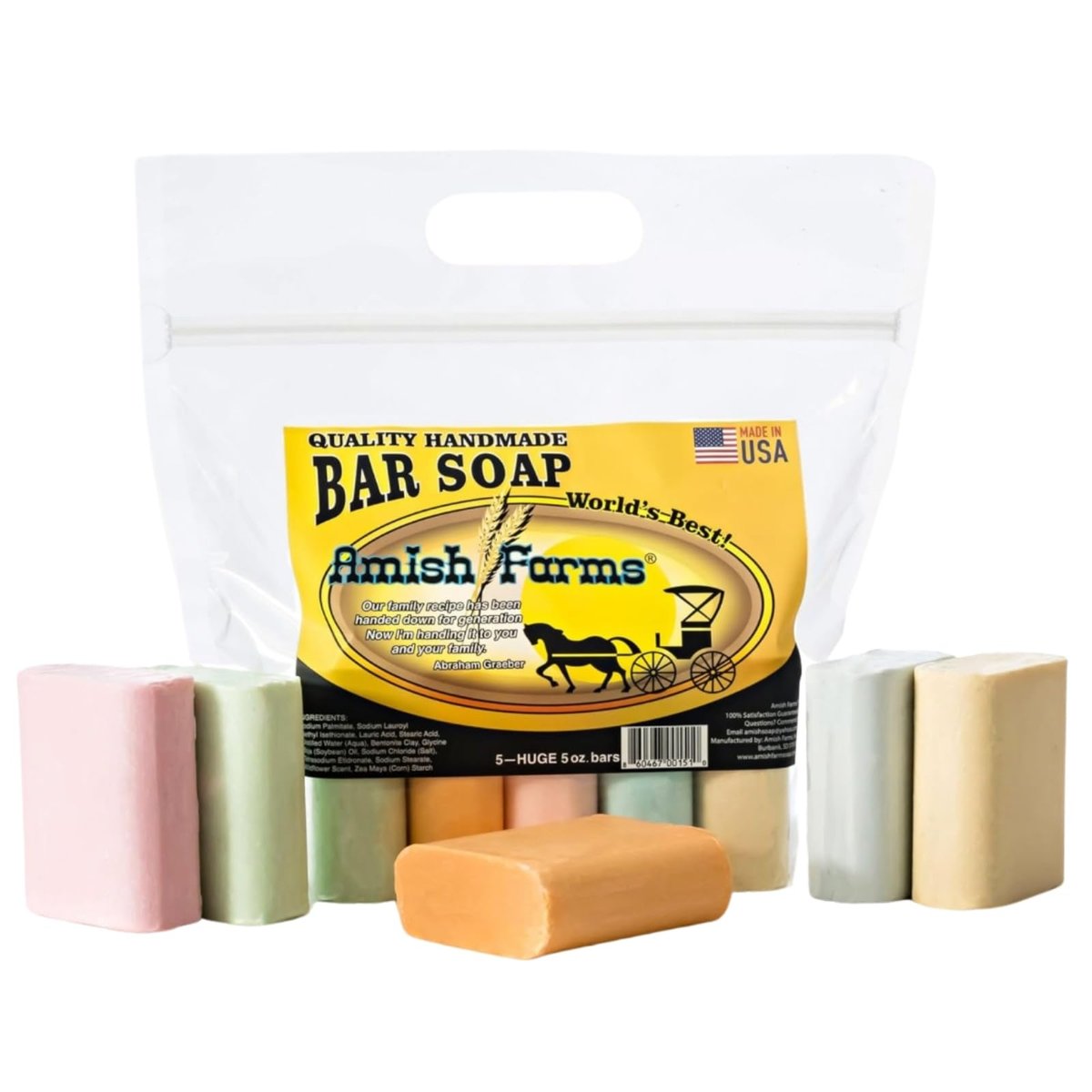 Amish Farms Natural Bar Soap 5-Pack Variety – Handmade Cold Process Moisturizing Soap Bars, Large Hand-Cut, Made in USA Avelisse
