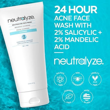 Neutralyze Moderate to Severe Acne Face Wash 2.0 – Maximum Strength 2% Mandelic Acid & 2% Salicylic Acid Facial Cleanser for Acne Prone Skin, 5 FL OZ