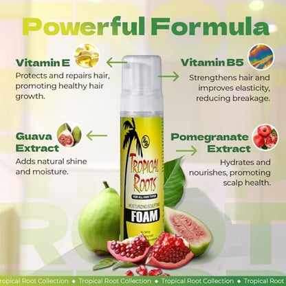Bronner Bros Tropical Roots Moisturizing Sculpting Foam - Hydrating & Nourishing Hair Foam with Vitamin E, B5, Guava & Pomegranate Extracts - Long-Lasting Hold, No Flaking or Build-Up - 8.5 oz