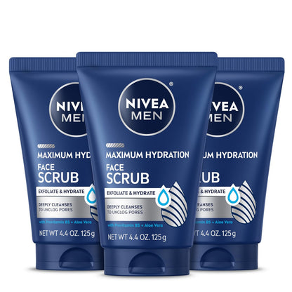 NIVEA MEN Maximum Hydration Face Scrub with Provitamin B5 and Aloe Vera, Exfoliating Face Wash, 4.4 oz Tube (Pack of 3) Avelisse