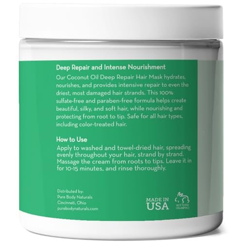 Pure Body Naturals Coconut Oil Hair Mask – Deep Conditioning Treatment for Dry, Damaged & Color Treated Hair – Sulfate Free Hair Conditioner – 8.8 Fl Oz Avelisse