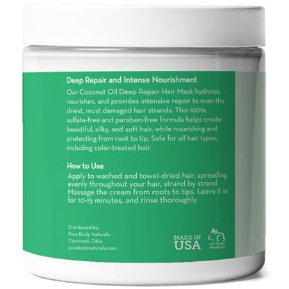 Pure Body Naturals Coconut Oil Hair Mask – Deep Conditioning Treatment for Dry, Damaged & Color Treated Hair – Sulfate Free Hair Conditioner – 8.8 Fl Oz Avelisse