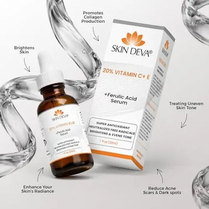 Skin Deva 20% Vitamin C Serum Anti Aging with Hyaluronic Acid & Vitamin E Ferulic Acid - Brightening Formula for Improving Appearance of Dark Spots, Fine Lines & Wrinkles - All Skin Types, 1 fl oz Avelisse