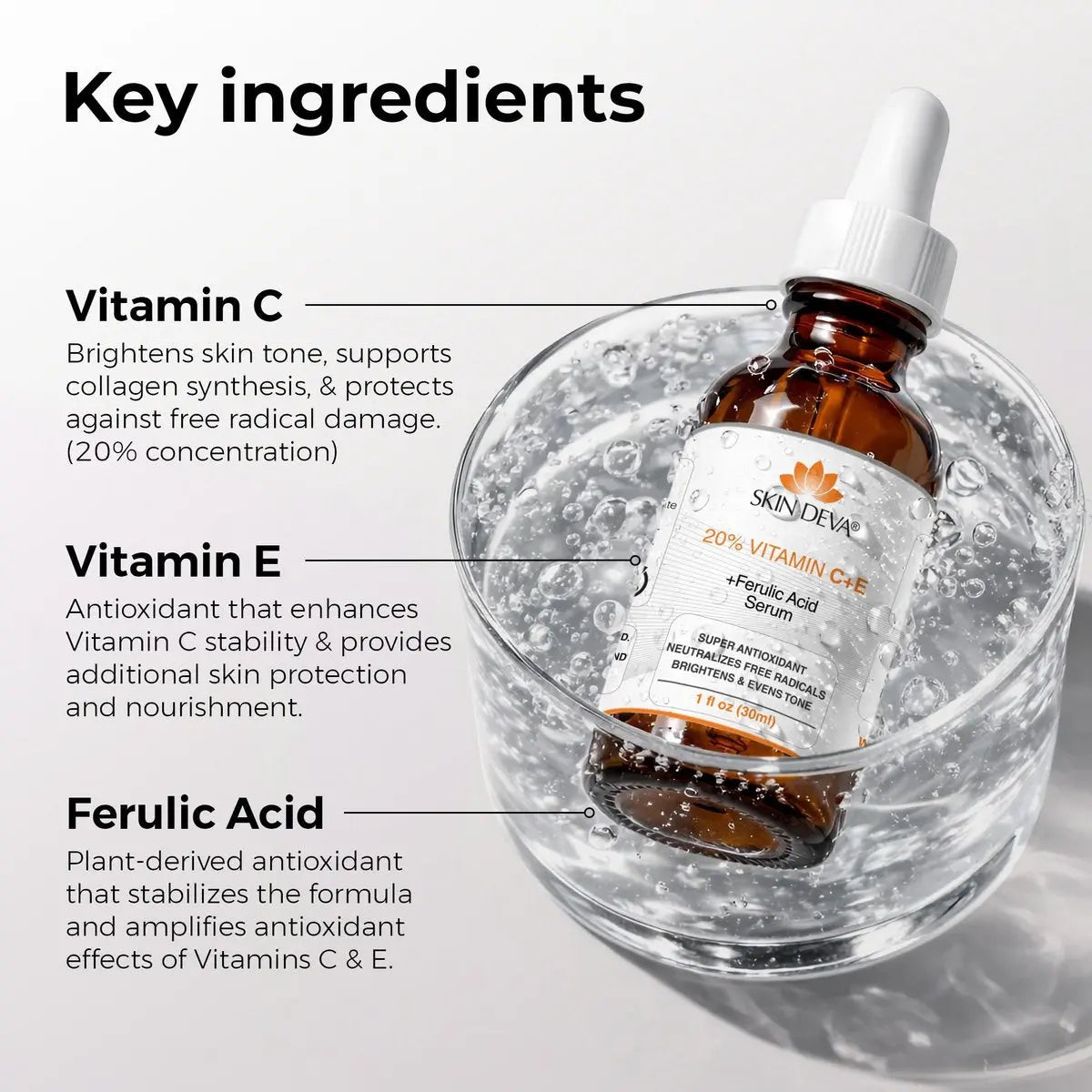 Skin Deva 20% Vitamin C Serum Anti Aging with Hyaluronic Acid & Vitamin E Ferulic Acid - Brightening Formula for Improving Appearance of Dark Spots, Fine Lines & Wrinkles - All Skin Types, 1 fl oz Avelisse