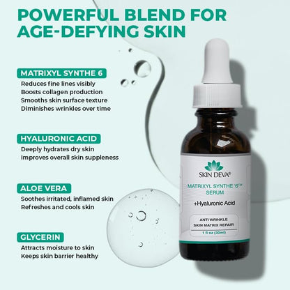 SKIN DEVA Matrixyl Synthe 6 Hyaluronic Acid Anti-Aging Serum – Hydrating Face Serum with Pore-Minimizing Benefits, 1 Fl Oz