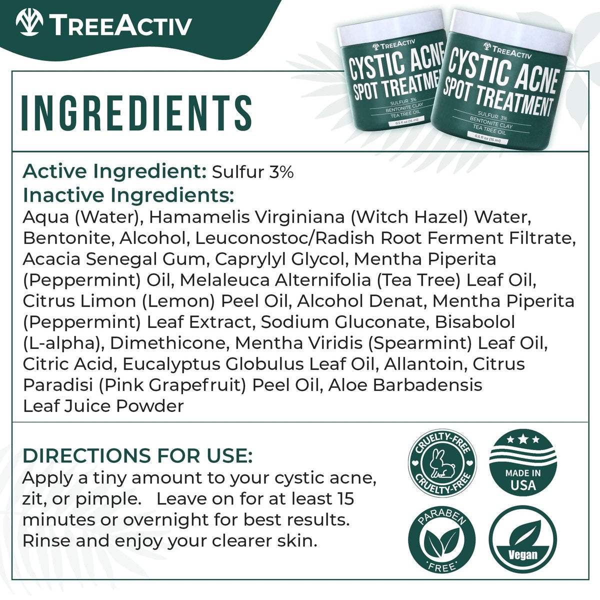 TreeActiv Cystic Acne Spot Treatment Paste with Sulfur, Bentonite Clay, and Tea Tree Oil - Deep Breakouts, 20-Minute or Overnight Application, 0.5 oz Avelisse