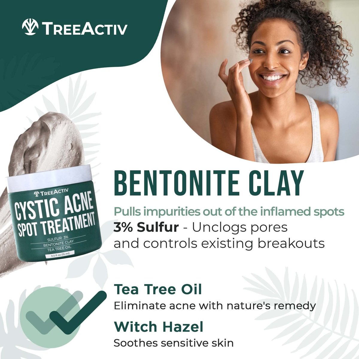TreeActiv Cystic Acne Spot Treatment Paste with Sulfur, Bentonite Clay, and Tea Tree Oil - Deep Breakouts, 20-Minute or Overnight Application, 0.5 oz Avelisse