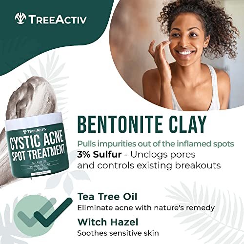 TreeActiv Cystic Acne Spot Treatment Paste with Sulfur, Bentonite Clay, and Tea Tree Oil - Deep Breakouts, 20-Minute or Overnight Application, 0.5 oz Avelisse