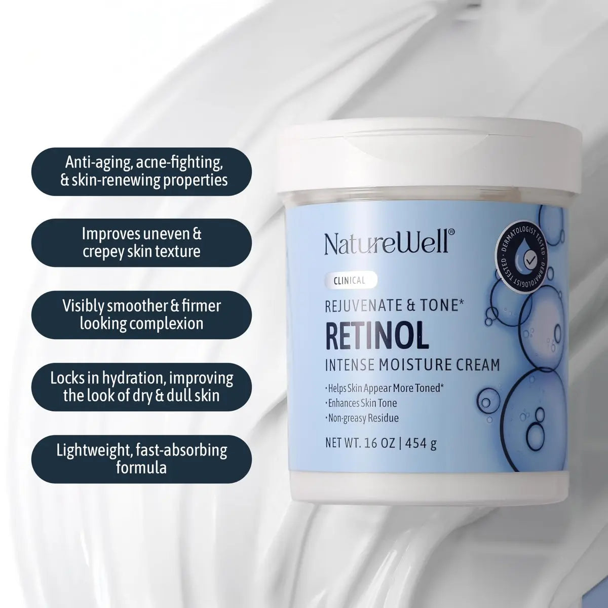 NATURE WELL Clinical Retinol Intense Moisture Cream - Anti-Aging Firming Cream for Face & Body, Hydrating & Nourishing Lotion, 16 Oz Avelisse