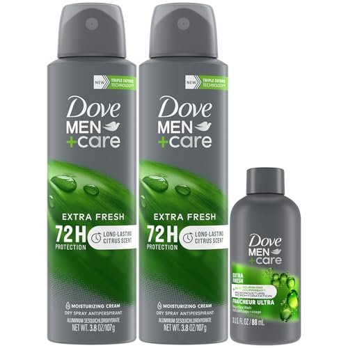 Dove Men+Care Dry Spray Antiperspirant for Men 2-Pack (3.8 Oz Each) + Travel Body Wash (3 Oz) – 72H Protection, Long-Lasting Fresh Fragrance Avelisse