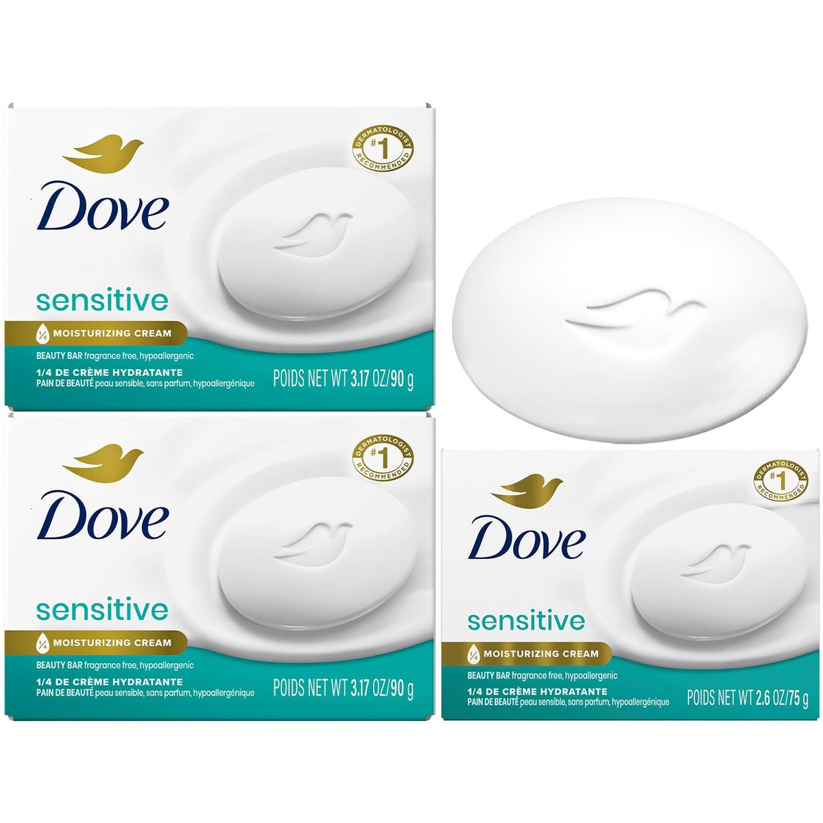 Dove Beauty Bar Soap, Sensitive Skin 2-Size Variety 3-Pack – Hypoallergenic, Fragrance-Free Moisturizing Cream Bar for Soft, Smooth Skin - görsel 1