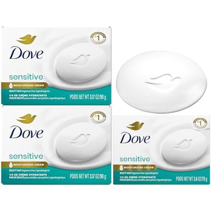 Dove Beauty Bar Soap, Sensitive Skin 2-Size Variety 3-Pack – Hypoallergenic, Fragrance-Free Moisturizing Cream Bar for Soft, Smooth Skin