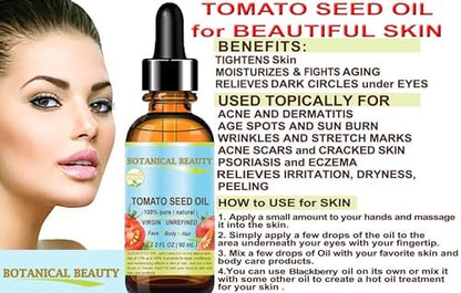Botanical Beauty 100% Pure Virgin Unrefined Cold-Pressed Tomato Seed Oil for Face, Skin, Body, Hair, Lips, Nails - Rich in Vitamin E & Lycopene (1 Fl Oz)