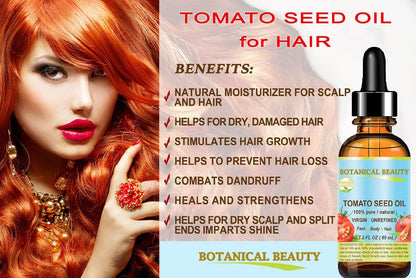 Botanical Beauty 100% Pure Virgin Unrefined Cold-Pressed Tomato Seed Oil for Face, Skin, Body, Hair, Lips, Nails - Rich in Vitamin E & Lycopene (1 Fl Oz)