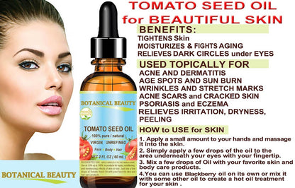 Botanical Beauty 100% Pure Virgin Unrefined Cold-Pressed Tomato Seed Oil for Face, Skin, Body, Hair, Lips, Nails - Rich in Vitamin E & Lycopene (1 Fl Oz)