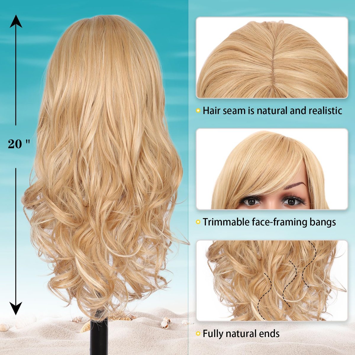 Kalyss Blonde Wig With Bangs – Long Curly Synthetic Wig with Blonde Highlights, Heat Resistant, 22 Inches Avelisse