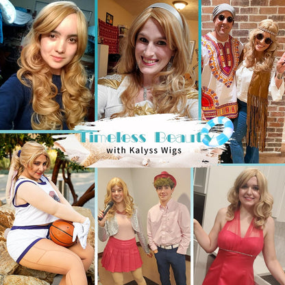 Kalyss Blonde Wig With Bangs – Long Curly Synthetic Wig with Blonde Highlights, Heat Resistant, 22 Inches Avelisse