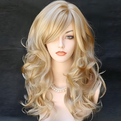 Kalyss Blonde Wig With Bangs – Long Curly Synthetic Wig with Blonde Highlights, Heat Resistant, 22 Inches Avelisse