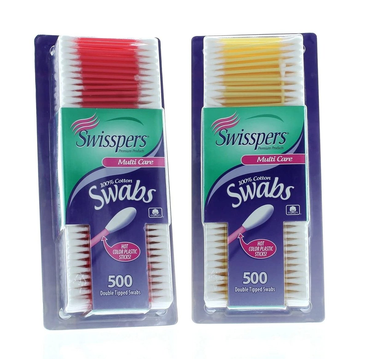 Swisspers Hot Color Cotton Swabs, 100% Cotton, Color Plastic Sticks, 500 Count (Pack of 2) Avelisse