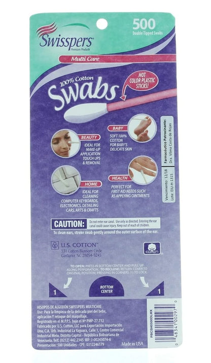 Swisspers Hot Color Cotton Swabs, 100% Cotton, Color Plastic Sticks, 500 Count (Pack of 2) Avelisse