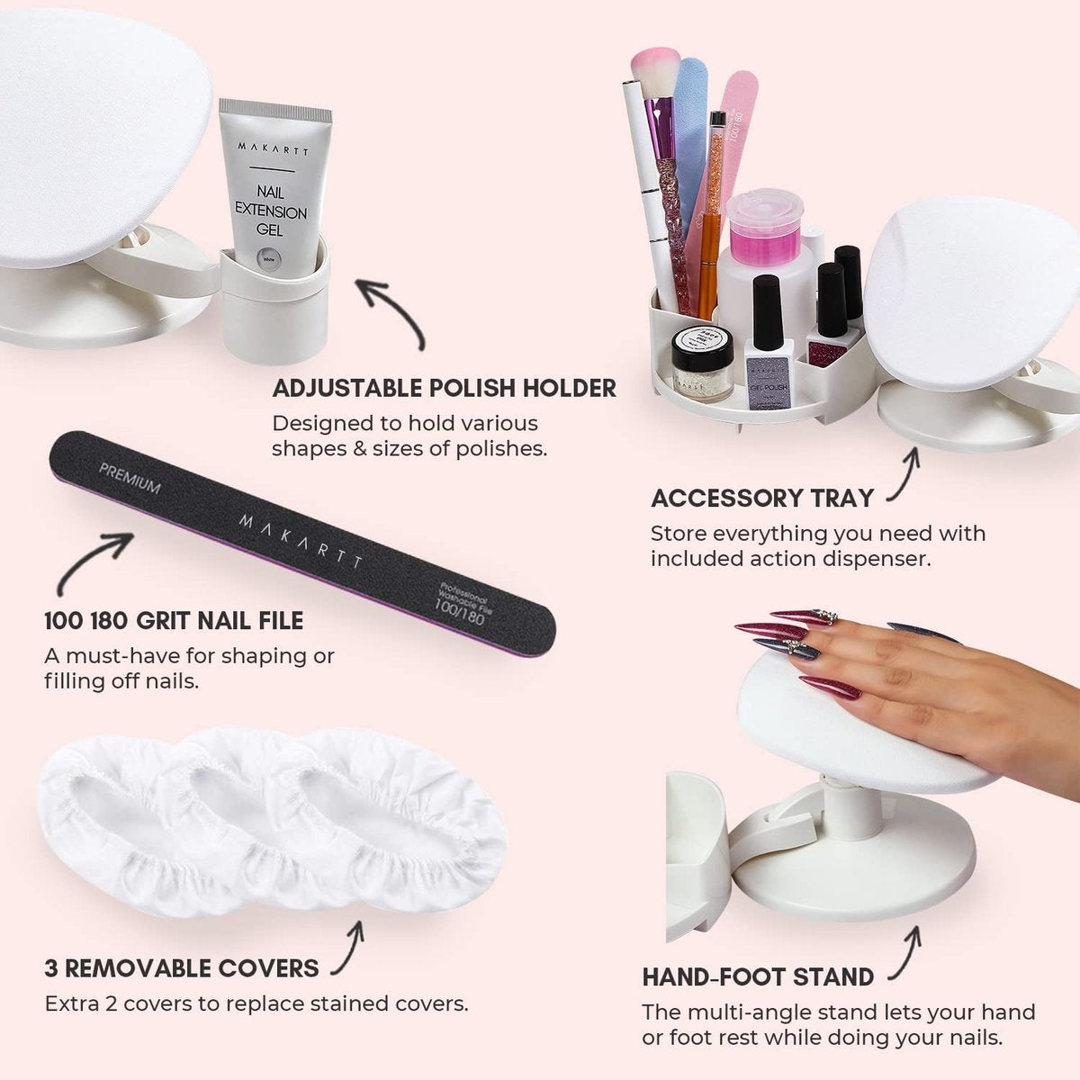 Makartt Nail Stand Hand Rest with Multi-Angle & Polish Trays - White Manicure Hand Rest for Salon or Home Use Avelisse