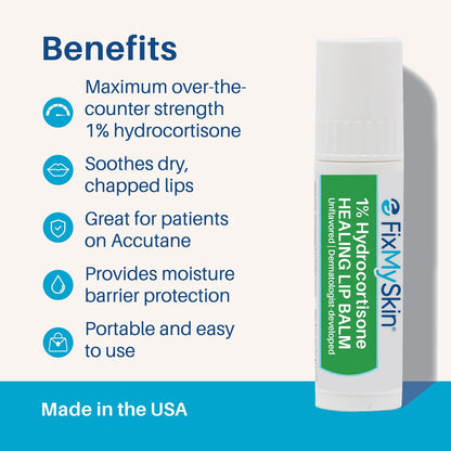 FixMySkin 1% Hydrocortisone Healing Lip Balm – Soothes Dry, Cracked & Irritated Lips, Unflavored, 0.15 oz Travel Tube