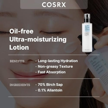COSRX Oil Free Lotion with Birch Sap - Daily Acne Facial Moisturizer for All Skin Types, 3.38 fl.oz / 100ml Avelisse