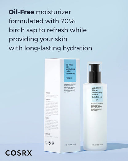 COSRX Oil Free Lotion with Birch Sap - Daily Acne Facial Moisturizer for All Skin Types, 3.38 fl.oz / 100ml Avelisse