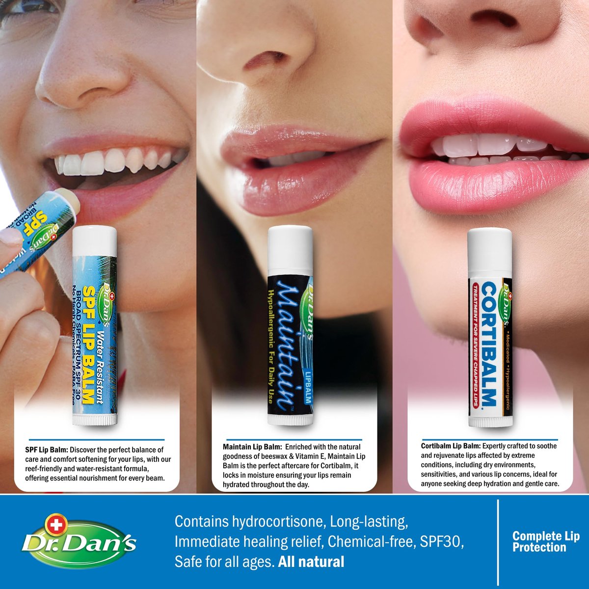 Dr. Dan's Complete Lip Care Kit - SunScreen SPF 30, CortiBalm for Chapped Lips, and Maintain Balm Moisturizer - Soothing Trio for Ultimate Health Avelisse