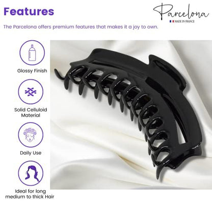 Parcelona French Bend Large Jumbo 6-Inch Black Celluloid Jaw Hair Claw Clip for Women