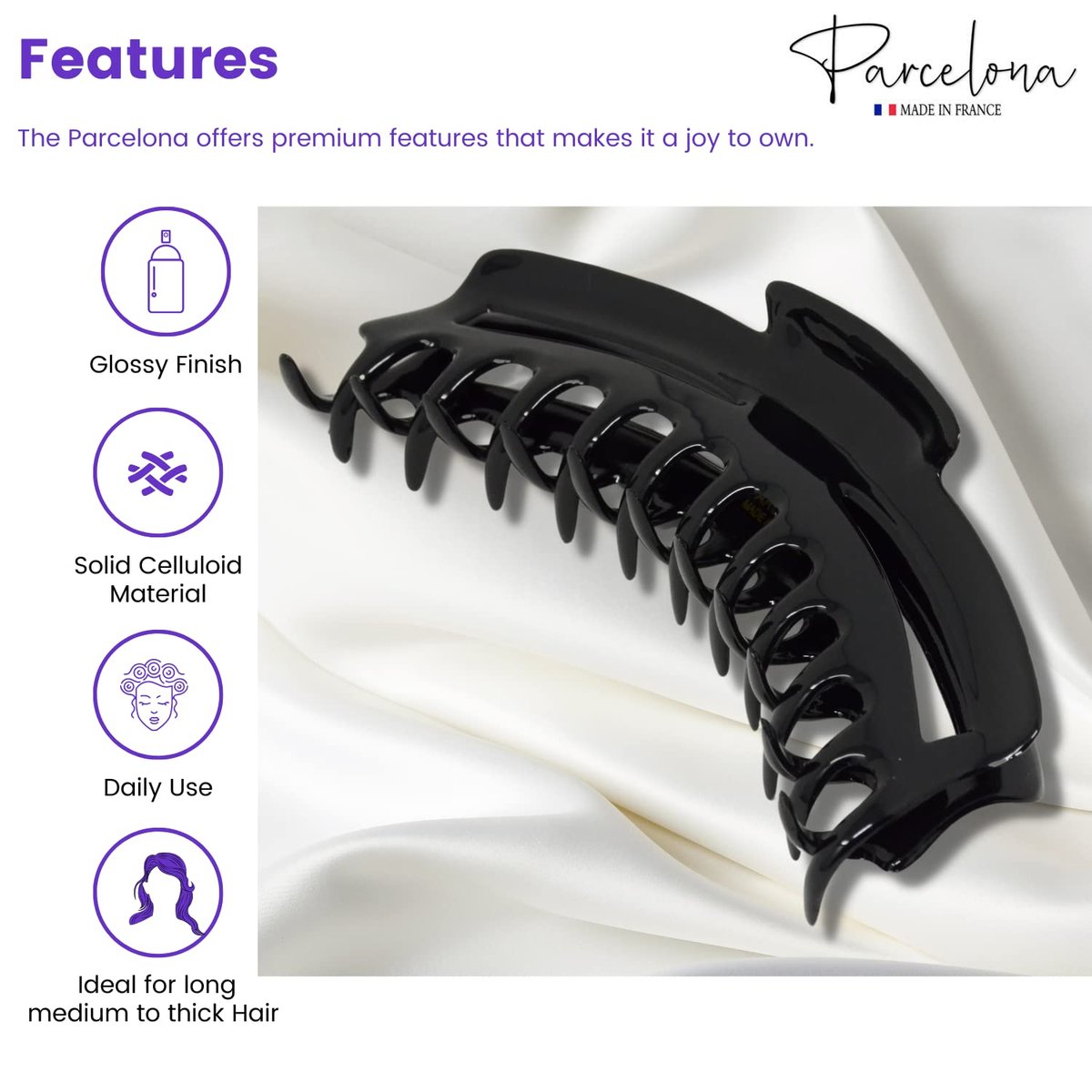 Parcelona French Bend Large Jumbo 6-Inch Black Celluloid Jaw Hair Claw Clip for Women - görsel 3