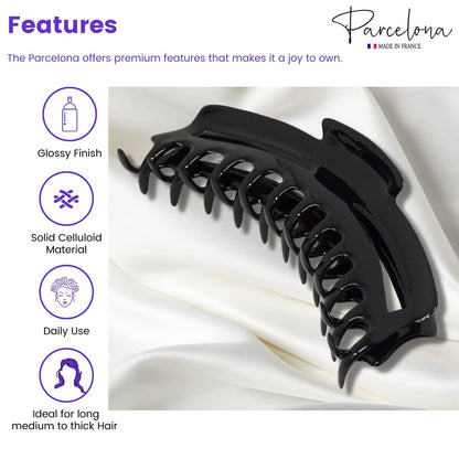 Parcelona French Bend Large Jumbo 6-Inch Black Celluloid Jaw Hair Claw Clip for Women
