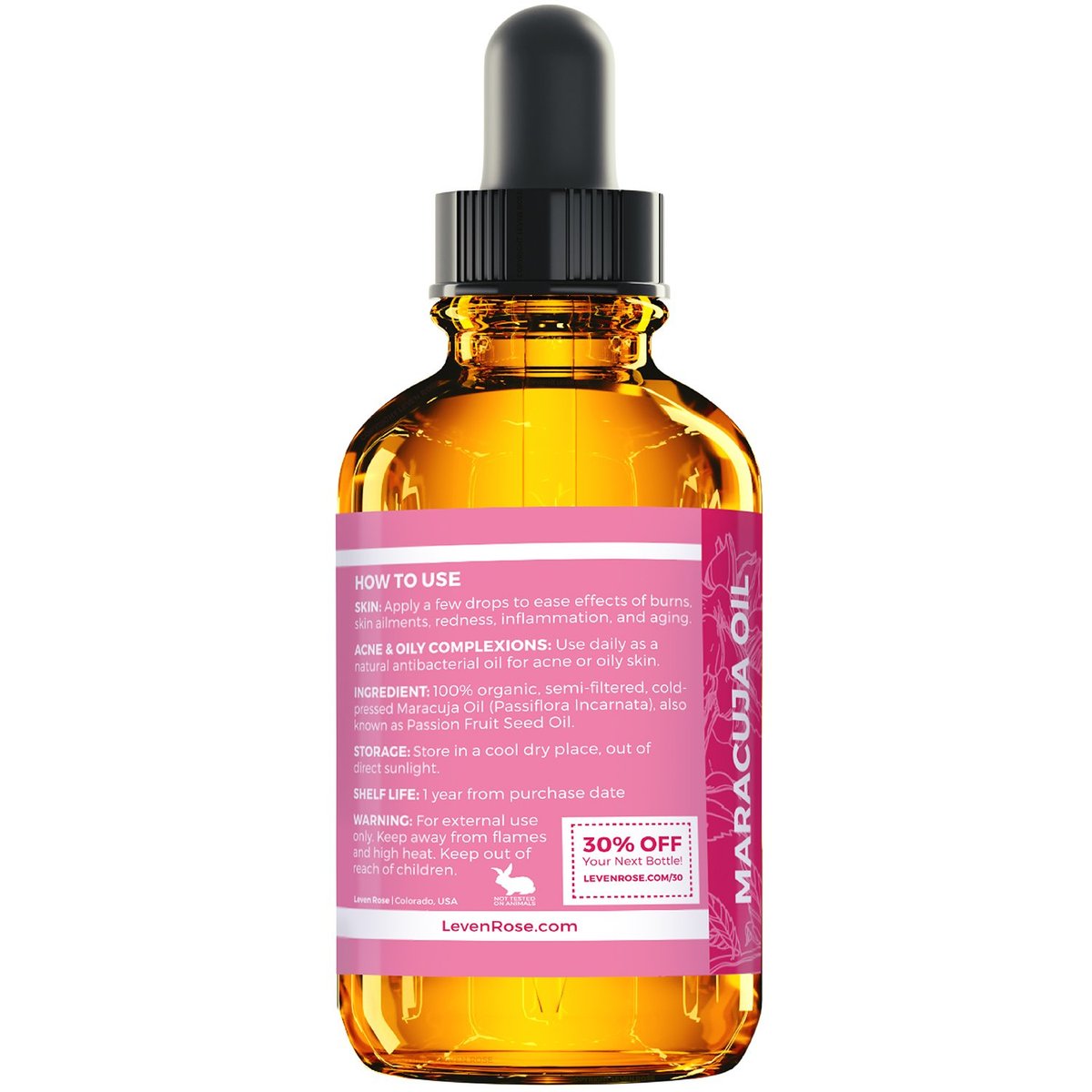 Leven Rose 100% Natural Maracuja Oil (Passion Fruit Seed Oil) for Hair, Skin, and Nails - 1 oz Avelisse