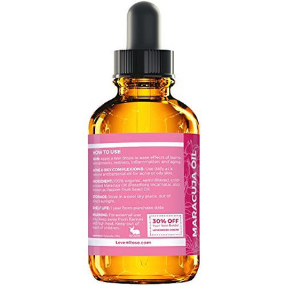 Leven Rose 100% Natural Maracuja Oil (Passion Fruit Seed Oil) for Hair, Skin, and Nails - 1 oz Avelisse