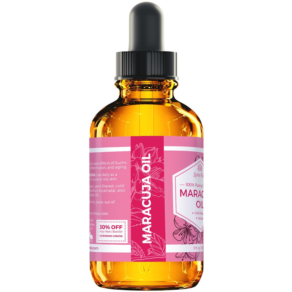 Leven Rose 100% Natural Maracuja Oil (Passion Fruit Seed Oil) for Hair, Skin, and Nails - 1 oz Avelisse