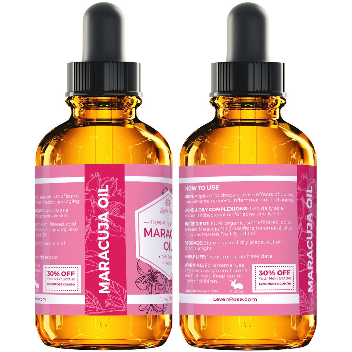 Leven Rose 100% Natural Maracuja Oil (Passion Fruit Seed Oil) for Hair, Skin, and Nails - 1 oz Avelisse