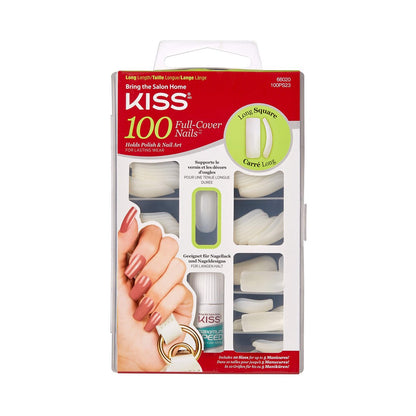 Kiss 100 Acrylic Plain Full-Cover Nails, Active Long Square - White, 100-Piece Assortment