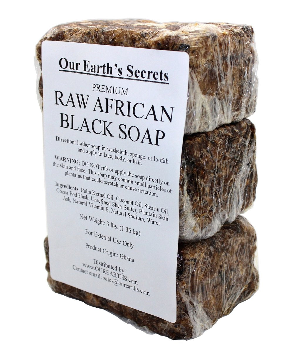 Our Earth's Secrets Premium Natural Raw African Black Soap - 3 lb Bulk Size for Face & Body Avelisse