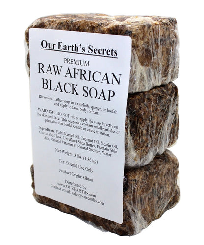 Our Earth's Secrets Premium Natural Raw African Black Soap - 3 lb Bulk Size for Face & Body Avelisse