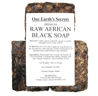 Our Earth's Secrets Premium Natural Raw African Black Soap - 3 lb Bulk Size for Face & Body Avelisse