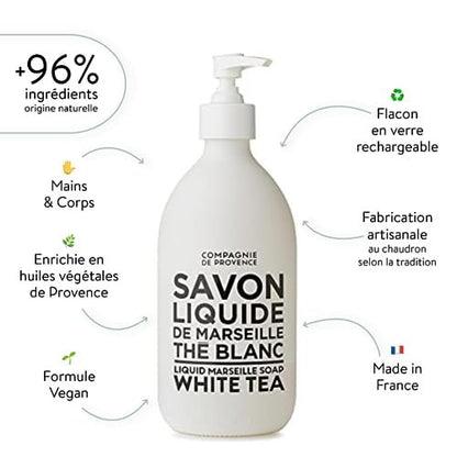 La Compagnie de Provence Savon de Marseille Extra Pure Liquid Soap - White Tea, 16.9 Fl Oz Glass Pump Bottle