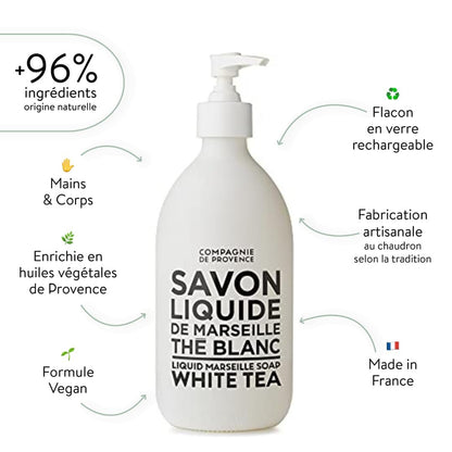 La Compagnie de Provence Savon de Marseille Extra Pure Liquid Soap - White Tea, 16.9 Fl Oz Glass Pump Bottle