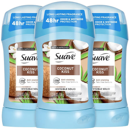 Suave Antiperspirant Deodorant for Women, Coconut Kiss 3-Pack – Invisible Solid, Anti-Staining, Talc-Free, 1.2 oz Each Avelisse