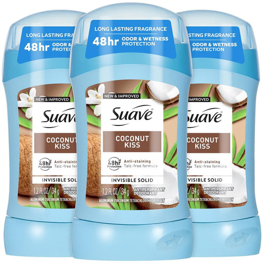 Suave Antiperspirant Deodorant for Women, Coconut Kiss 3-Pack – Invisible Solid, Anti-Staining, Talc-Free, 1.2 oz Each Avelisse